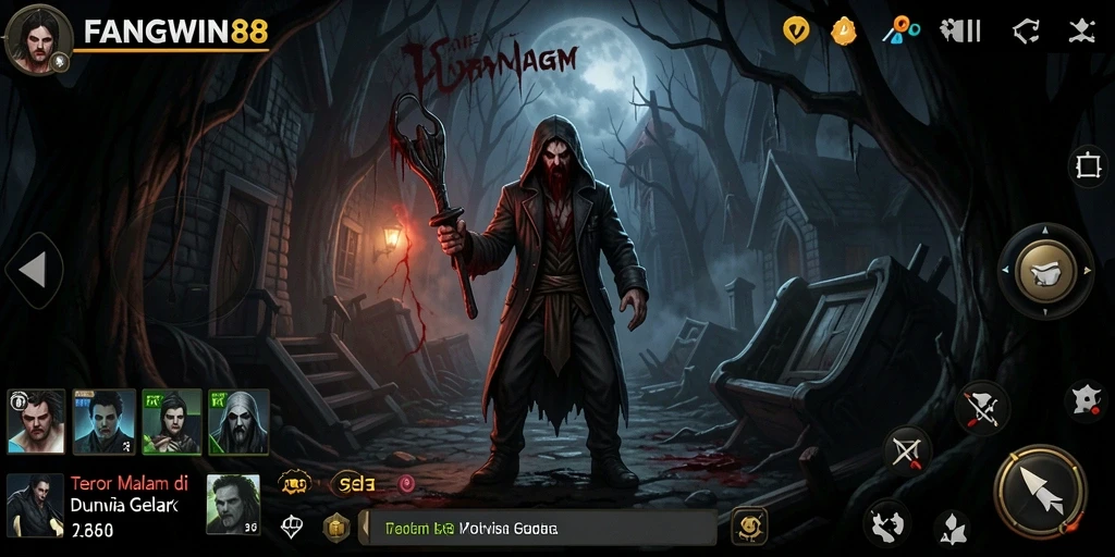 Screenshot menampilkan aksi seram dalam FANGWIN88 saat menjelajahi lokasi angker.