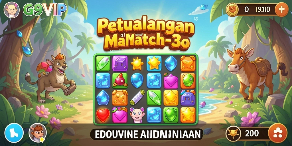 Screenshot G9VIP menunjukkan momen seru saat mencocokkan permata dalam gameplay Match-3.