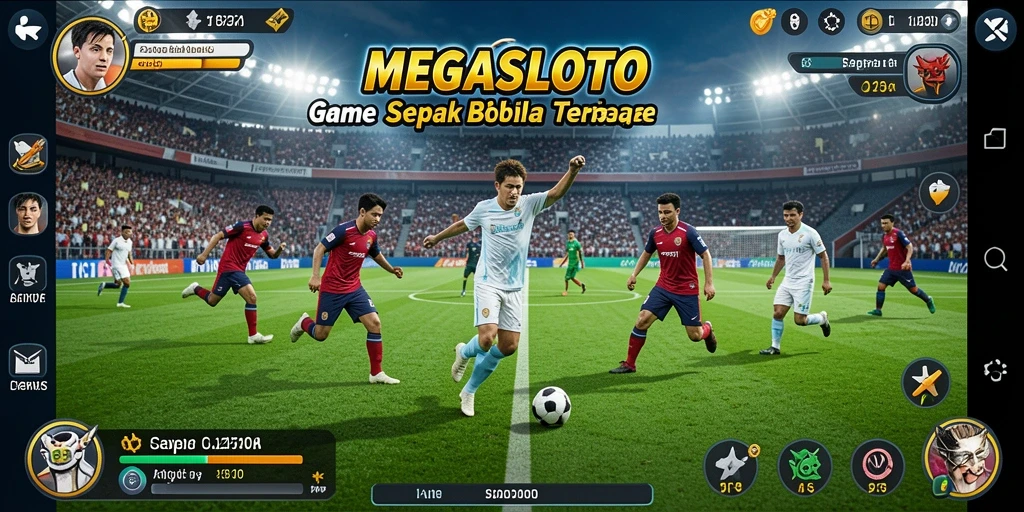 Tampilan gameplay MEGASLOTO dengan aksi sepak bola yang mendebarkan.
