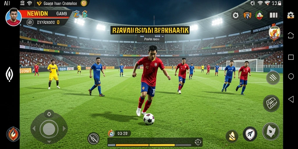 Screenshot gameplay NEWIDN yang menunjukkan aksi seru di lapangan sepak bola.