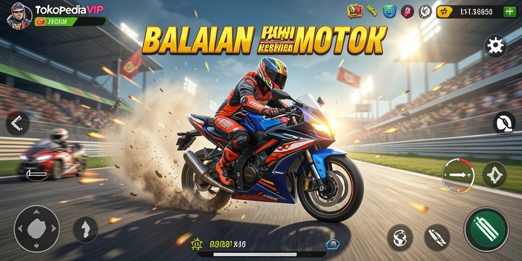 Tampilan gameplay balapan motor yang mendebarkan di TOKOPEDIAVIP.